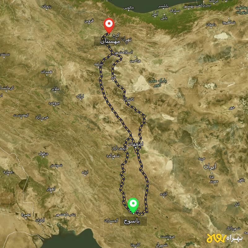 مسافت و فاصله مهستان تا یاسوج از ۳ مسیر - آذر ۱۴۰۳
