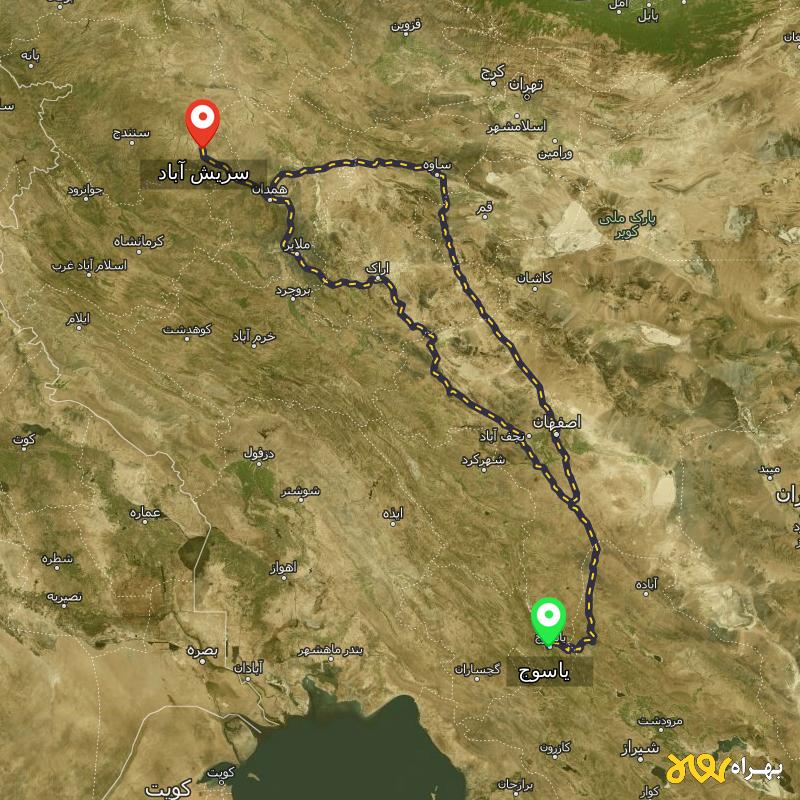 مسافت و فاصله سریش آباد - کردستان تا یاسوج از ۲ مسیر - دی ۱۴۰۳