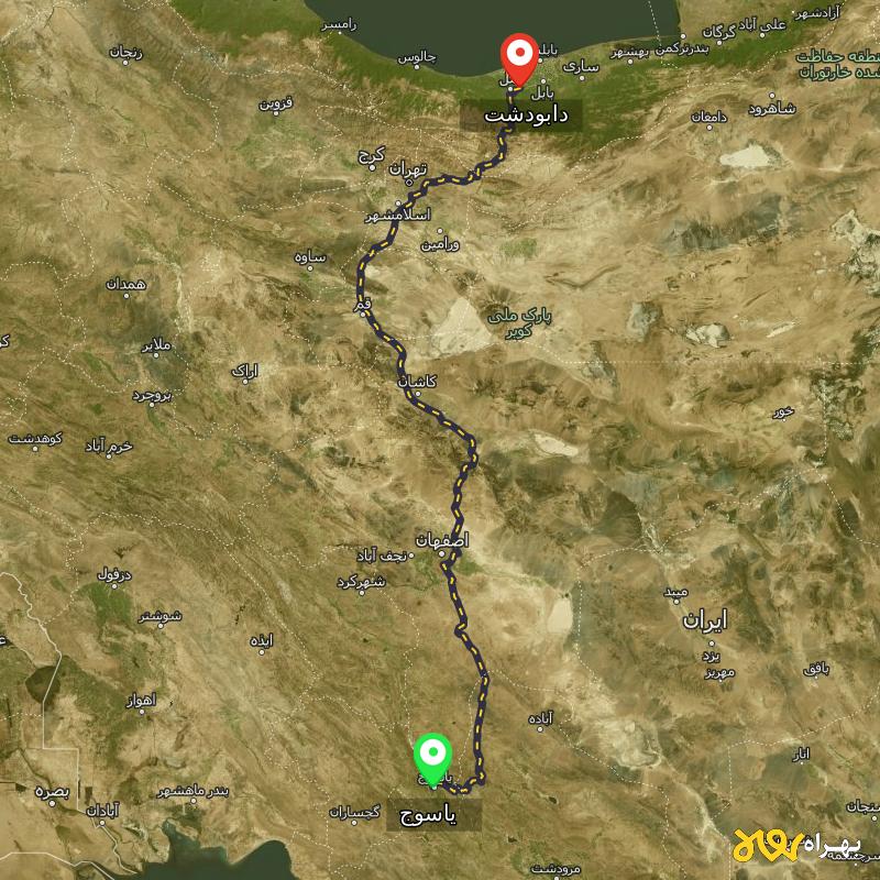 مسافت و فاصله دابودشت - مازندران تا یاسوج - مهر ۱۴۰۳