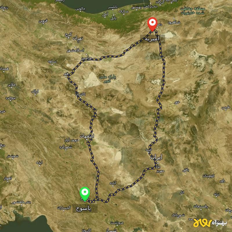 مسافت و فاصله امیریه - سمنان تا یاسوج از ۲ مسیر - مرداد ۱۴۰۳