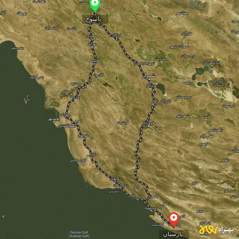مسافت و فاصله پارسیان - هرمزگان تا یاسوج از ۲ مسیر - آبان ۱۴۰۳