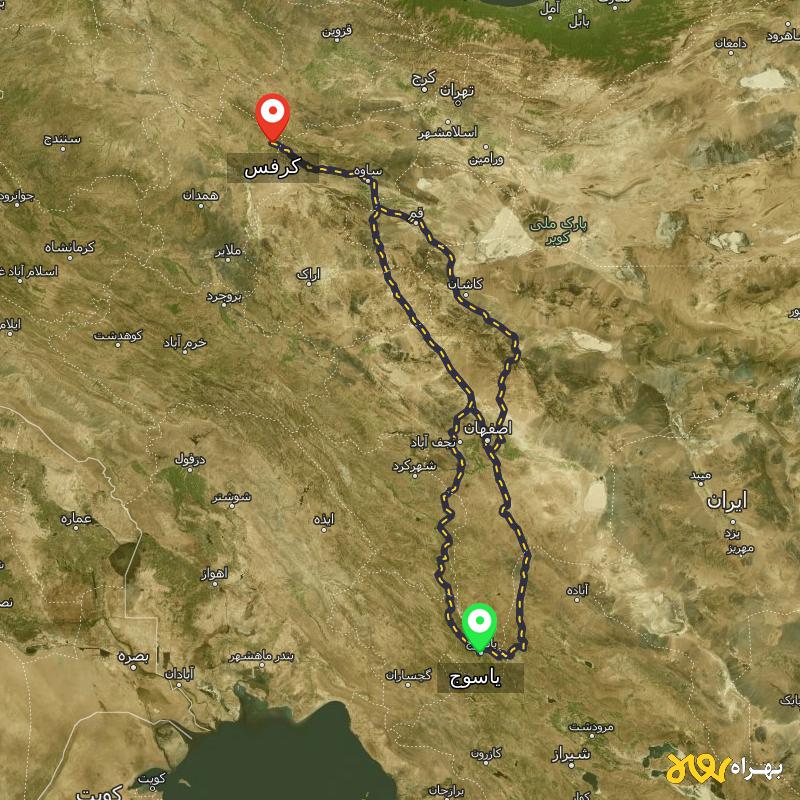 مسافت و فاصله کرفس - همدان تا یاسوج از ۳ مسیر - آذر ۱۴۰۳