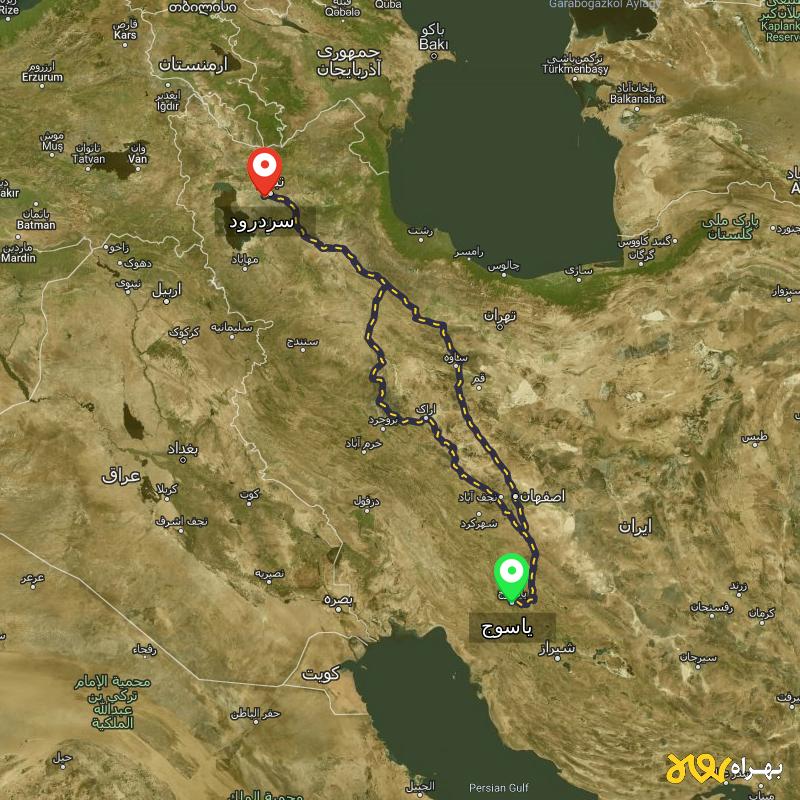 مسافت و فاصله سردرود - آذربایجان شرقی تا یاسوج از ۲ مسیر - مرداد ۱۴۰۳