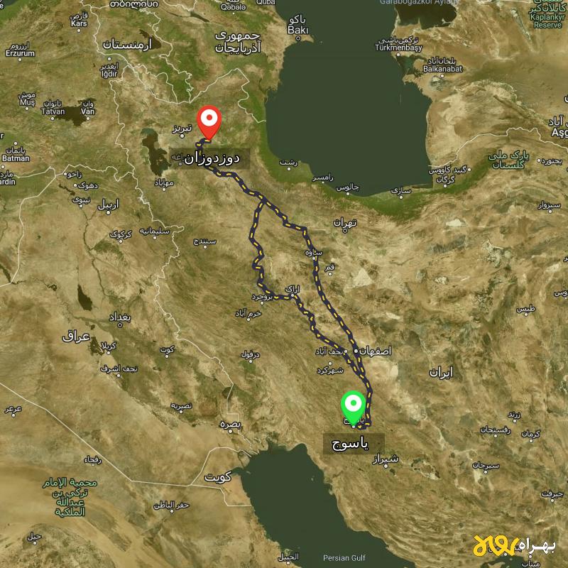 مسافت و فاصله دوزدوزان - آذربایجان شرقی تا یاسوج از ۲ مسیر - شهریور ۱۴۰۳