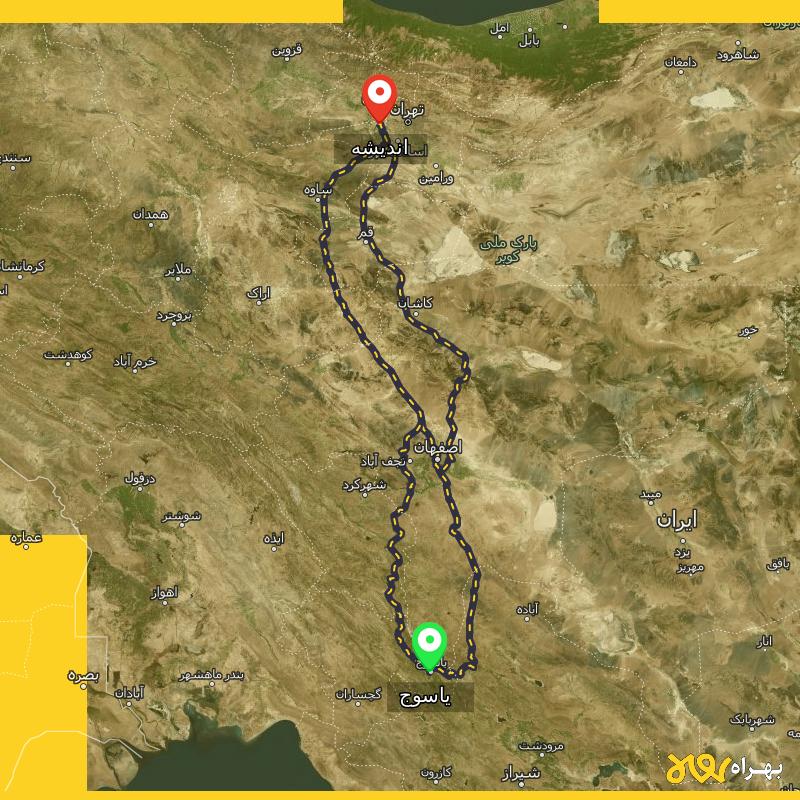 مسافت و فاصله اندیشه تا یاسوج از ۳ مسیر - بهمن ۱۴۰۳