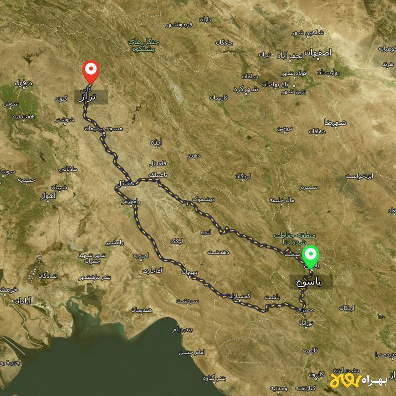 مسافت و فاصله تراز - خوزستان تا یاسوج از ۲ مسیر - بهمن ۱۴۰۳