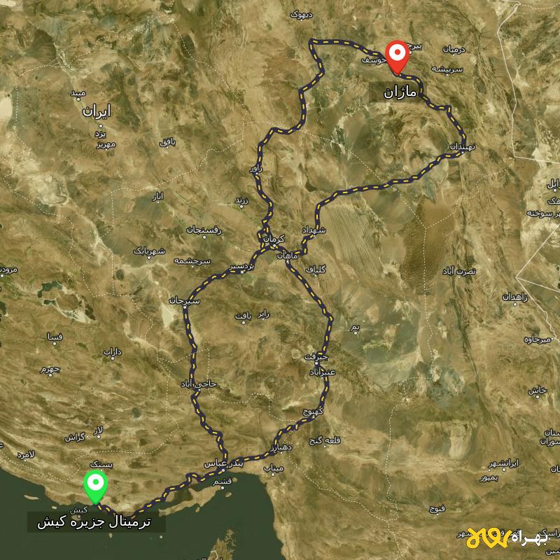 مسافت و فاصله ماژان - خراسان جنوبی تا ترمینال جزیره کیش - هرمزگان از ۳ مسیر - اردیبهشت ۱۴۰۳