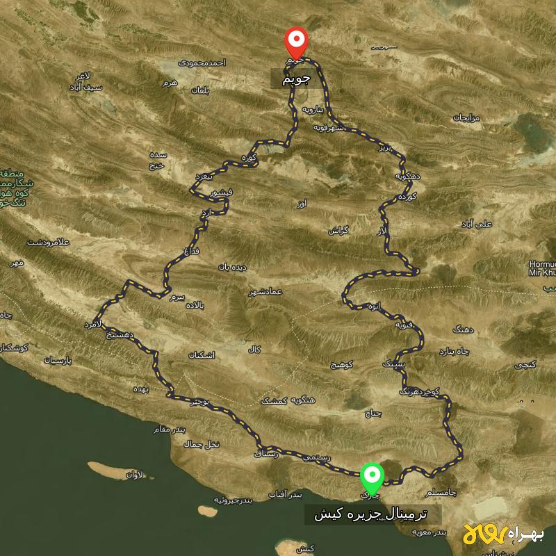 مسافت و فاصله جویم - فارس تا ترمینال جزیره کیش - هرمزگان از ۲ مسیر - مرداد ۱۴۰۳