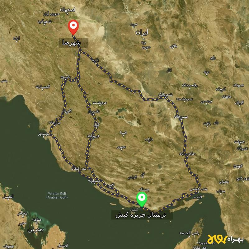 مسافت و فاصله شهرضا - اصفهان تا ترمینال جزیره کیش - هرمزگان از ۳ مسیر - اردیبهشت ۱۴۰۳