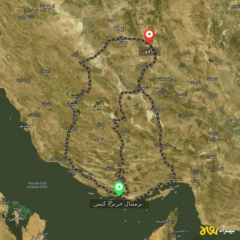 مسافت و فاصله بافق - یزد تا ترمینال جزیره کیش - هرمزگان از ۳ مسیر - اردیبهشت ۱۴۰۳