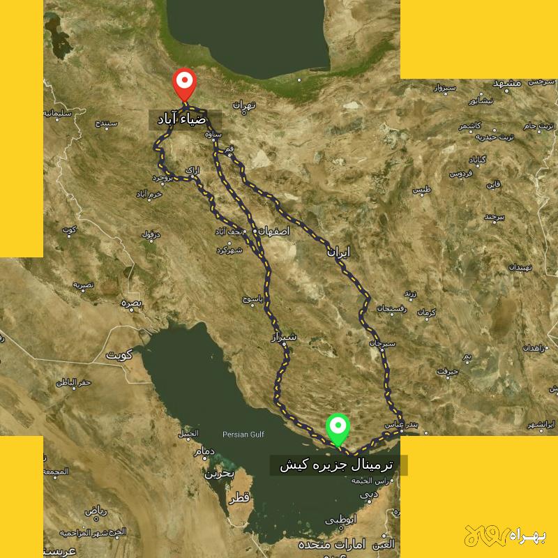 مسافت و فاصله ضیاء آباد - قزوین تا ترمینال جزیره کیش - هرمزگان از ۳ مسیر - آذر ۱۴۰۳