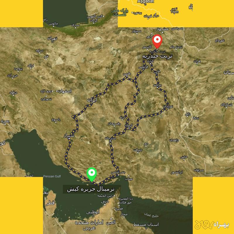 مسافت و فاصله تربت حیدریه - خراسان رضوی تا ترمینال جزیره کیش - هرمزگان از ۳ مسیر - آذر ۱۴۰۳