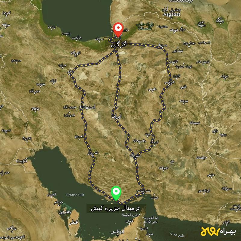 مسافت و فاصله گرگان تا ترمینال جزیره کیش - هرمزگان از ۳ مسیر - مرداد ۱۴۰۳