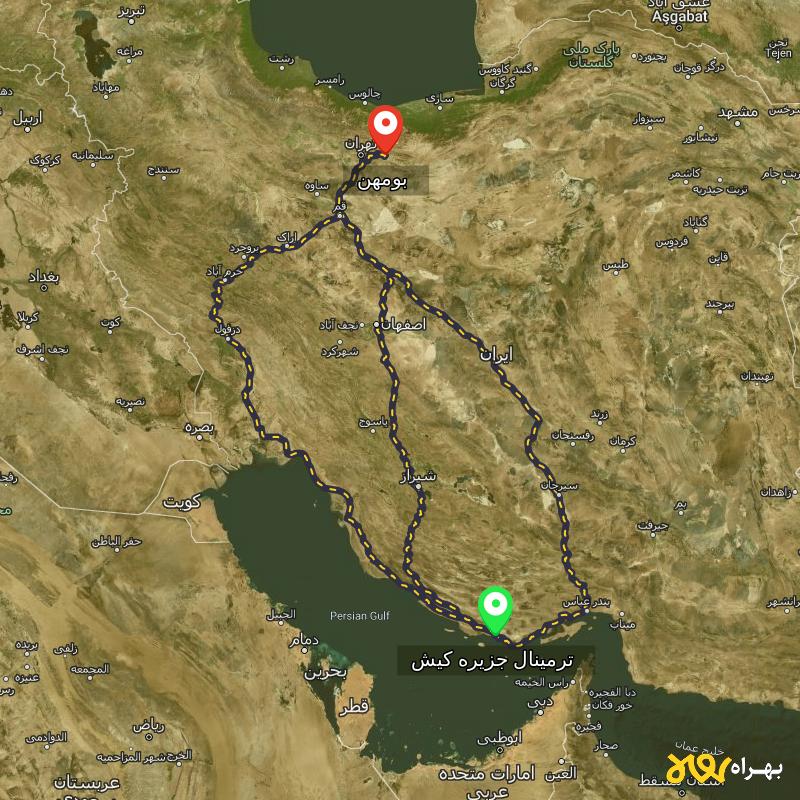 مسافت و فاصله بومهن - تهران تا ترمینال جزیره کیش - هرمزگان از ۳ مسیر - آبان ۱۴۰۳