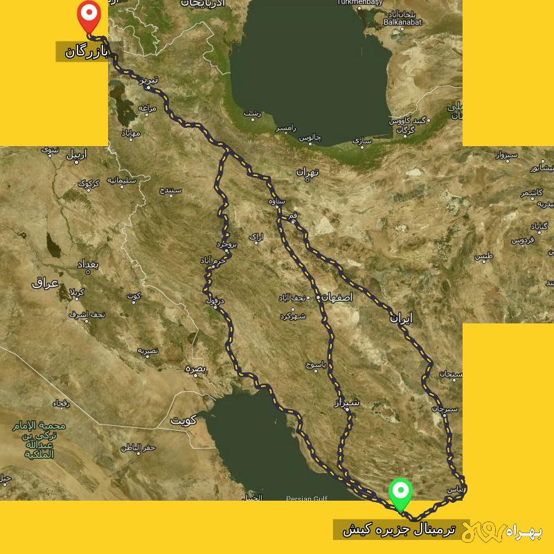 مسافت و فاصله بازرگان - آذربایجان غربی تا ترمینال جزیره کیش - هرمزگان از ۳ مسیر - آذر ۱۴۰۳