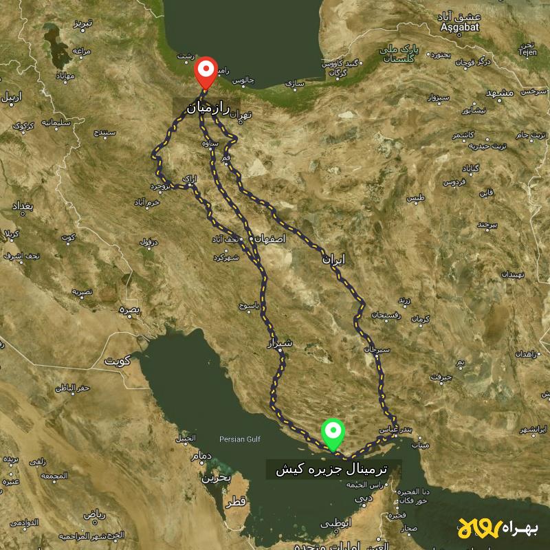 مسافت و فاصله رازمیان - قزوین تا ترمینال جزیره کیش - هرمزگان از ۳ مسیر - آذر ۱۴۰۳
