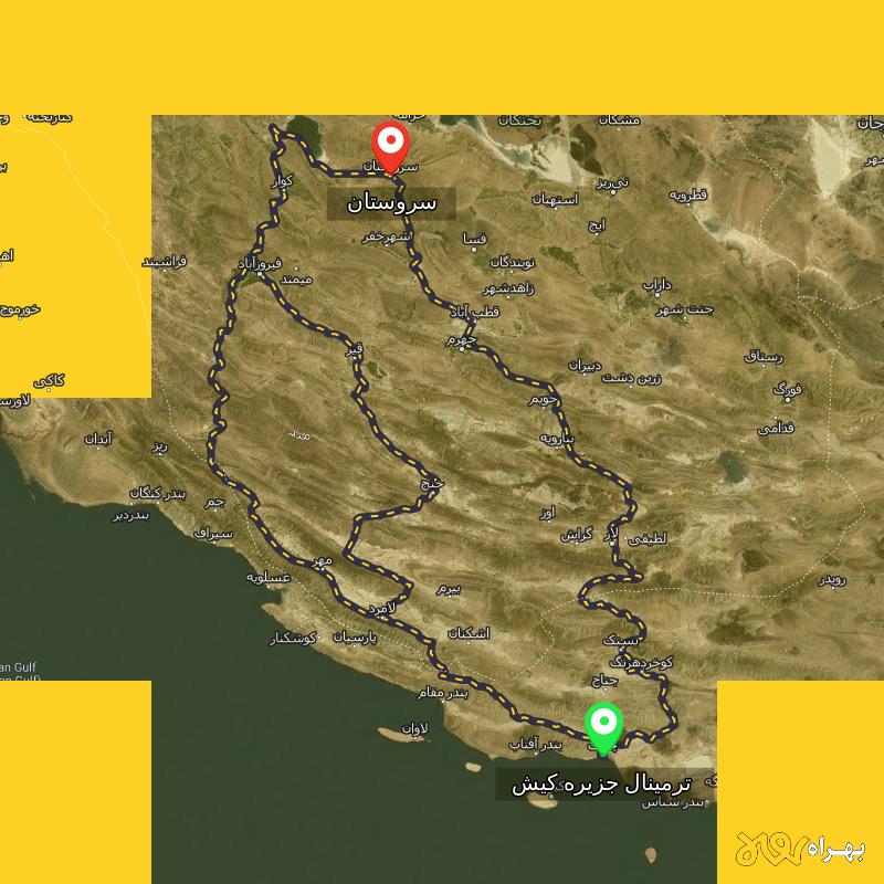 مسافت و فاصله سروستان - فارس تا ترمینال جزیره کیش - هرمزگان از ۳ مسیر - آبان ۱۴۰۳