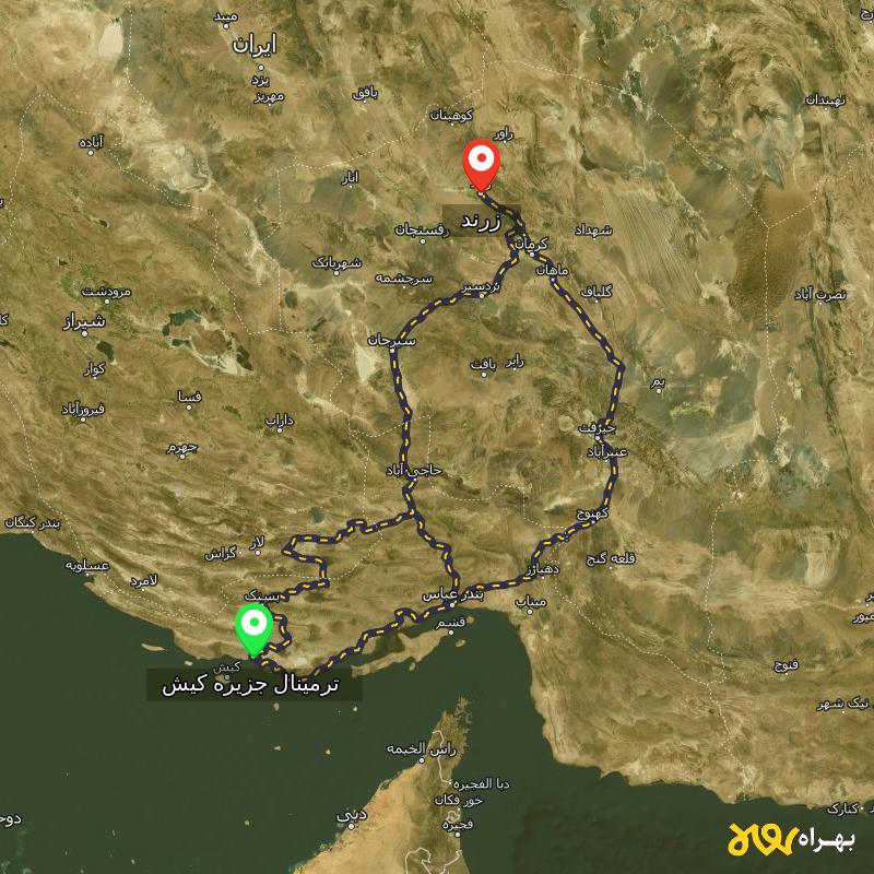 مسافت و فاصله زرند - کرمان تا ترمینال جزیره کیش - هرمزگان از ۳ مسیر - مرداد ۱۴۰۳