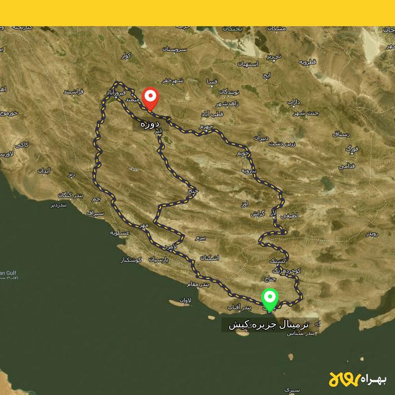 مسافت و فاصله دوزه - فارس تا ترمینال جزیره کیش - هرمزگان از ۳ مسیر - مرداد ۱۴۰۳