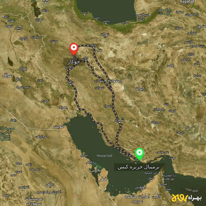 مسافت و فاصله جوکار - همدان تا ترمینال جزیره کیش - هرمزگان از ۳ مسیر - آذر ۱۴۰۳