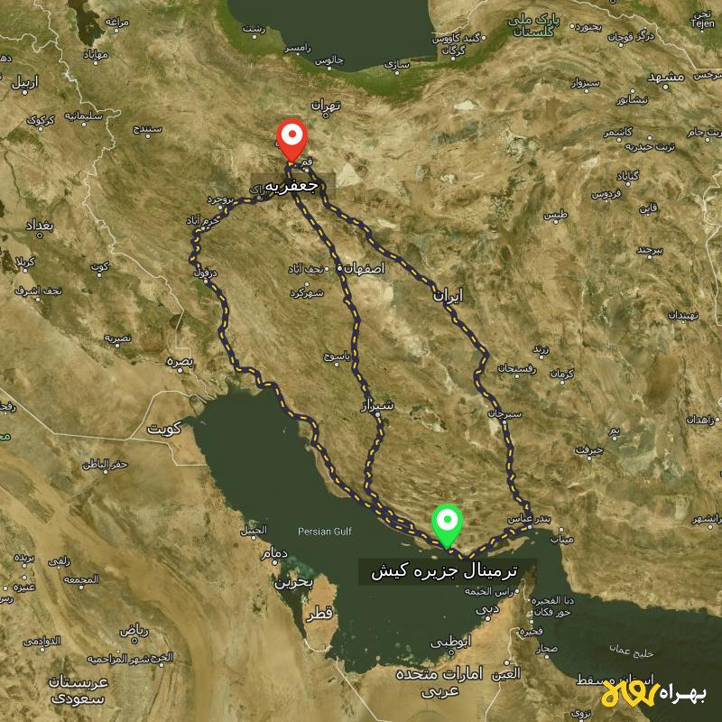 مسافت و فاصله جعفریه - قم تا ترمینال جزیره کیش - هرمزگان از ۳ مسیر - آبان ۱۴۰۳