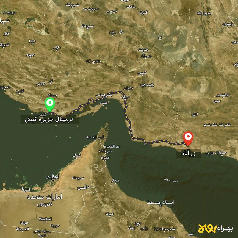 مسافت و فاصله زرآباد - سیستان و بلوچستان تا ترمینال جزیره کیش - هرمزگان - بهمن ۱۴۰۳