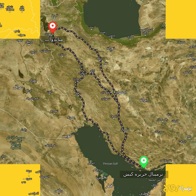 مسافت و فاصله میاندوآب - آذربایجان غربی تا ترمینال جزیره کیش - هرمزگان از ۳ مسیر - آذر ۱۴۰۳
