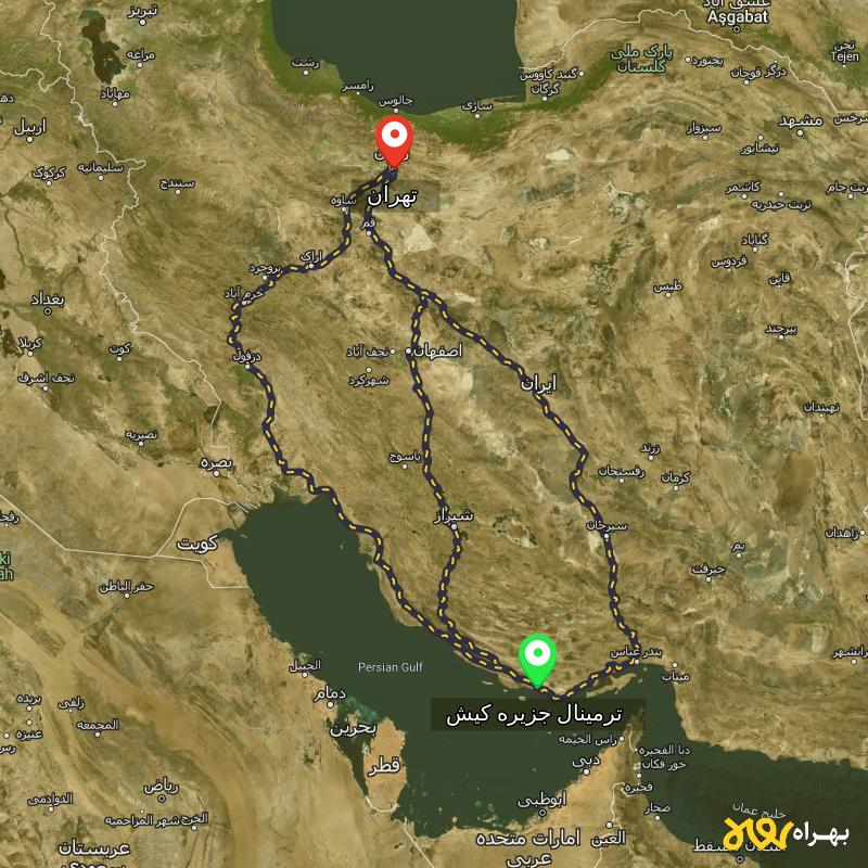 مسافت و فاصله تهران تا ترمینال جزیره کیش - هرمزگان از ۳ مسیر - مرداد ۱۴۰۳