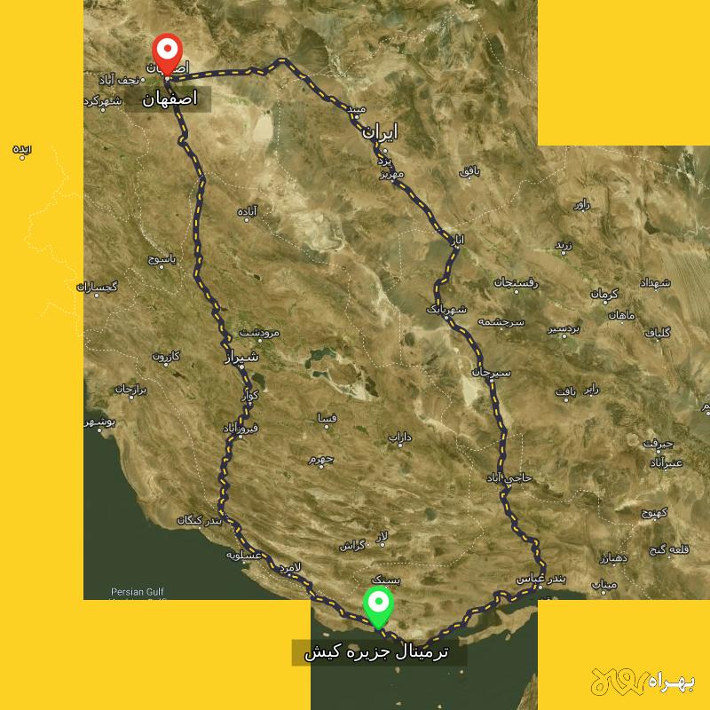 مسافت و فاصله اصفهان تا ترمینال جزیره کیش - هرمزگان از ۲ مسیر - مرداد ۱۴۰۳