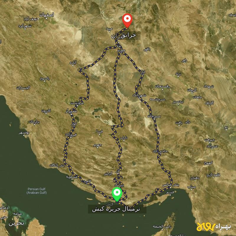 مسافت و فاصله خرانق - یزد تا ترمینال جزیره کیش - هرمزگان از ۳ مسیر - مرداد ۱۴۰۳