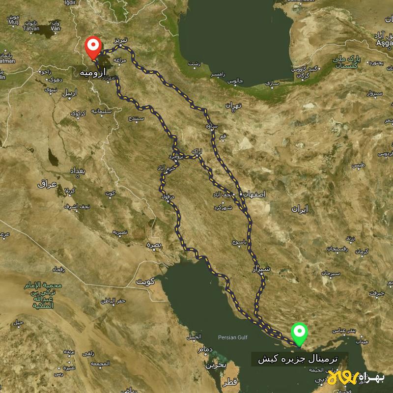 مسافت و فاصله ارومیه تا ترمینال جزیره کیش - هرمزگان از ۳ مسیر - مهر ۱۴۰۳