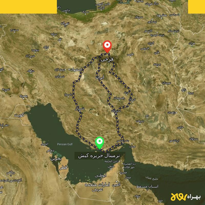 مسافت و فاصله فرخی - اصفهان تا ترمینال جزیره کیش - هرمزگان از ۳ مسیر - آذر ۱۴۰۳