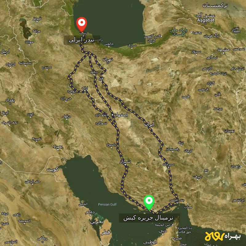 مسافت و فاصله بندر انزلی تا ترمینال جزیره کیش - هرمزگان از ۳ مسیر - شهریور ۱۴۰۳