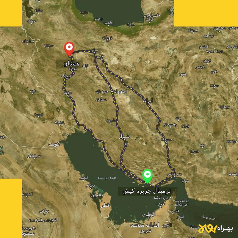 مسافت و فاصله همدان تا ترمینال جزیره کیش - هرمزگان از ۳ مسیر - مرداد ۱۴۰۳