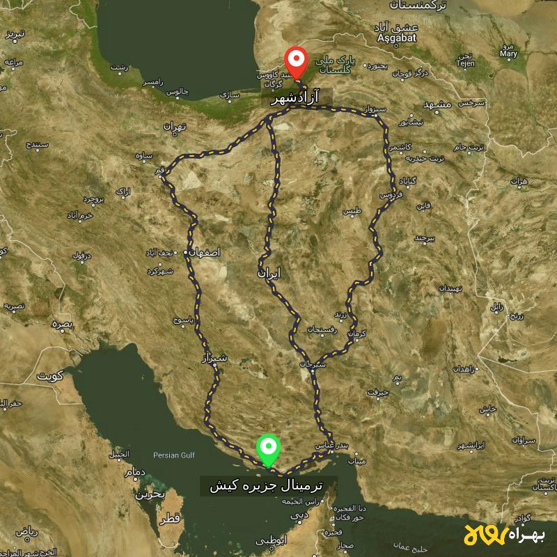 مسافت و فاصله آزادشهر - گلستان تا ترمینال جزیره کیش - هرمزگان از ۳ مسیر - شهریور ۱۴۰۳
