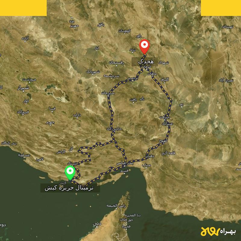 مسافت و فاصله هجدک - کرمان تا ترمینال جزیره کیش - هرمزگان از ۳ مسیر - مرداد ۱۴۰۳