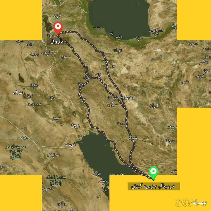 مسافت و فاصله باروق - آذربایجان غربی تا ترمینال جزیره کیش - هرمزگان از ۳ مسیر - آذر ۱۴۰۳