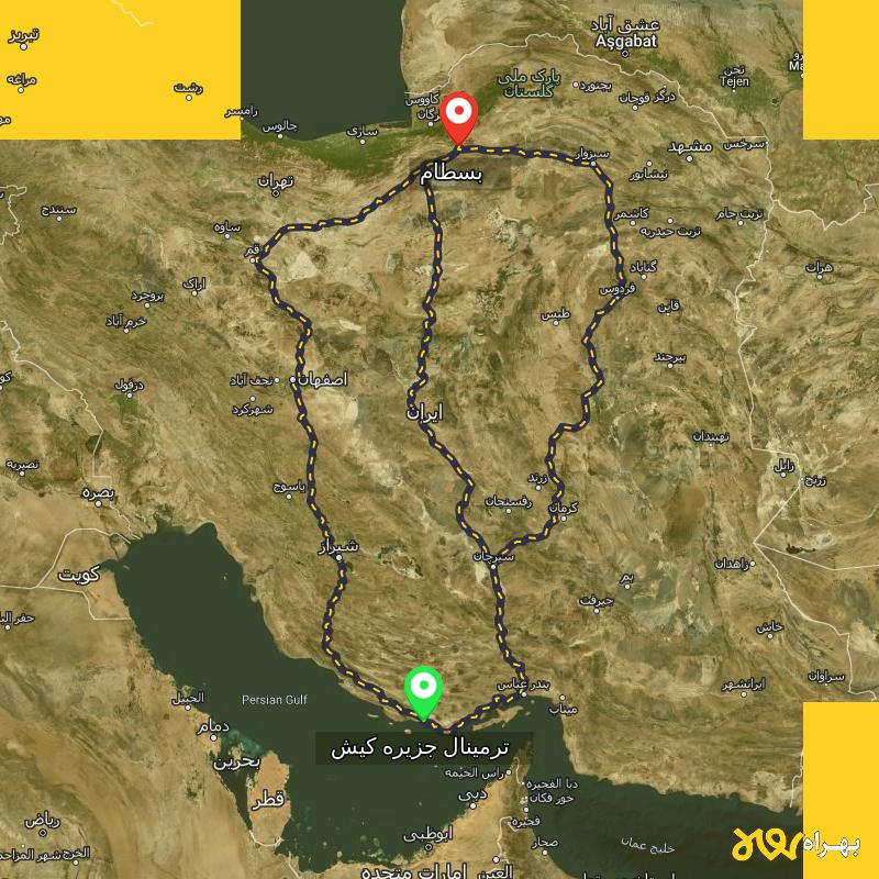 مسافت و فاصله بسطام - سمنان تا ترمینال جزیره کیش - هرمزگان از ۳ مسیر - آذر ۱۴۰۳