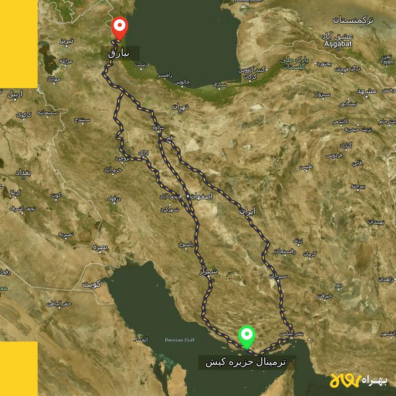 مسافت و فاصله نیارق - اردبیل تا ترمینال جزیره کیش - هرمزگان از ۳ مسیر - آذر ۱۴۰۳