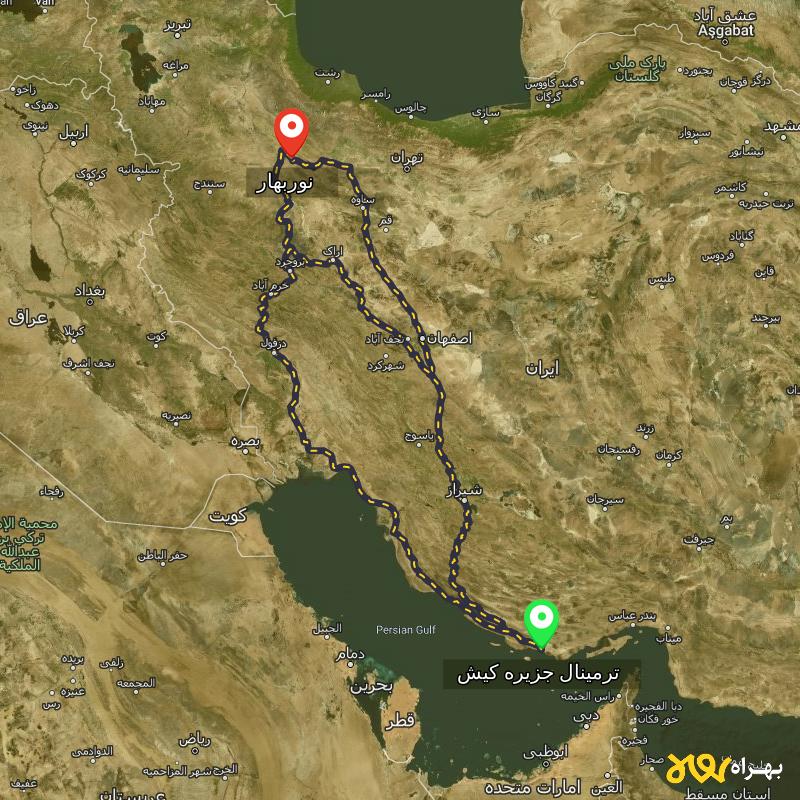 مسافت و فاصله نوربهار - زنجان تا ترمینال جزیره کیش - هرمزگان از ۳ مسیر - مرداد ۱۴۰۳