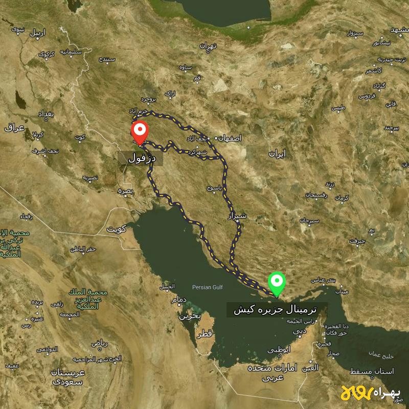 مسافت و فاصله دزفول تا ترمینال جزیره کیش - هرمزگان از ۳ مسیر - دی ۱۴۰۳