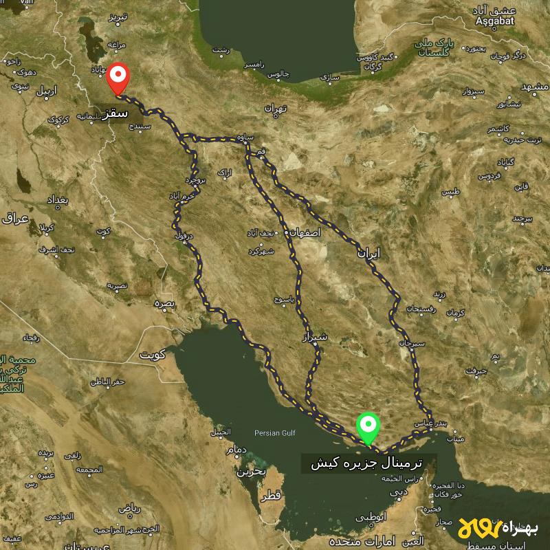 مسافت و فاصله سقز - کردستان تا ترمینال جزیره کیش - هرمزگان از ۳ مسیر - آذر ۱۴۰۳