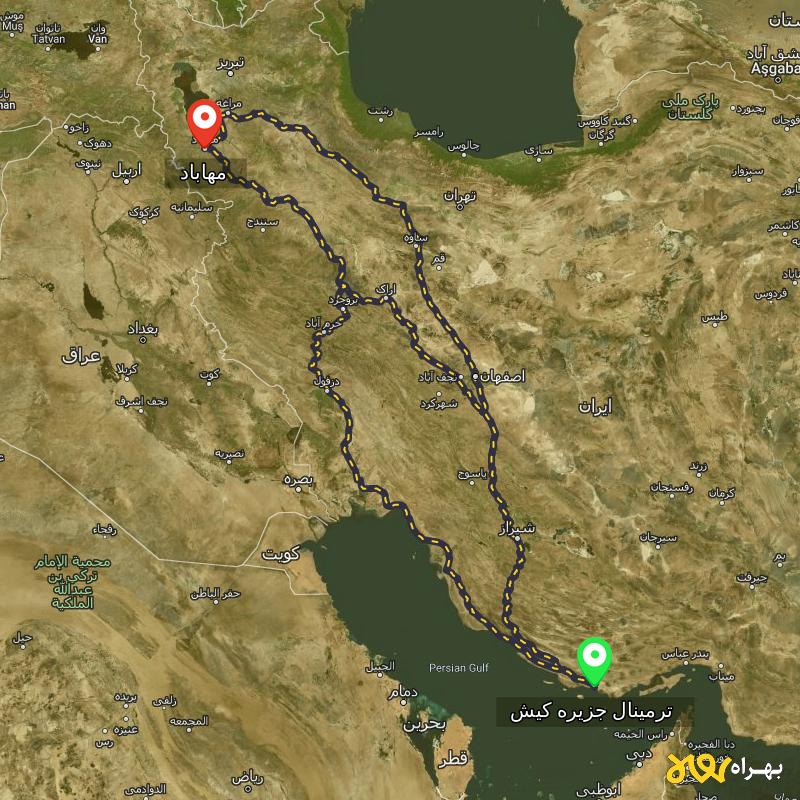 مسافت و فاصله مهاباد - آذربایجان غربی تا ترمینال جزیره کیش - هرمزگان از ۳ مسیر - دی ۱۴۰۳