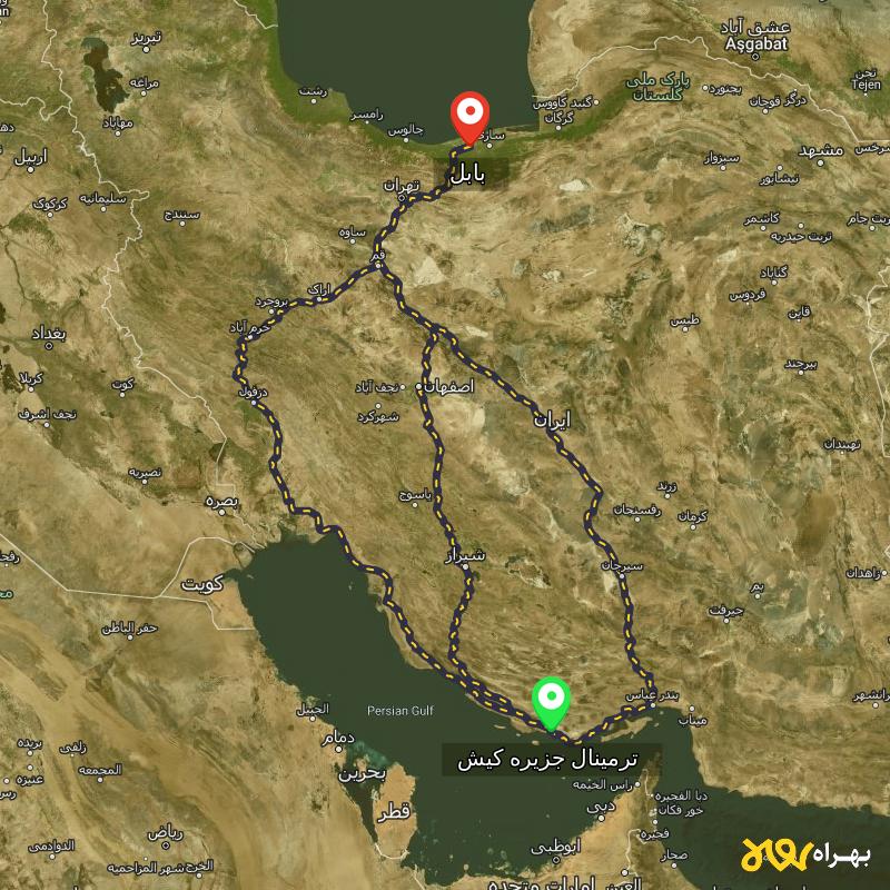 مسافت و فاصله بابل تا ترمینال جزیره کیش - هرمزگان از ۳ مسیر - مرداد ۱۴۰۳