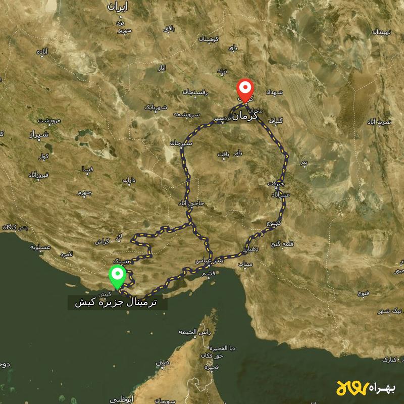 مسافت و فاصله کرمان تا ترمینال جزیره کیش - هرمزگان از ۳ مسیر - مرداد ۱۴۰۳