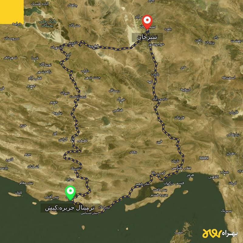 مسافت و فاصله سیرجان تا ترمینال جزیره کیش - هرمزگان از ۲ مسیر - آذر ۱۴۰۳