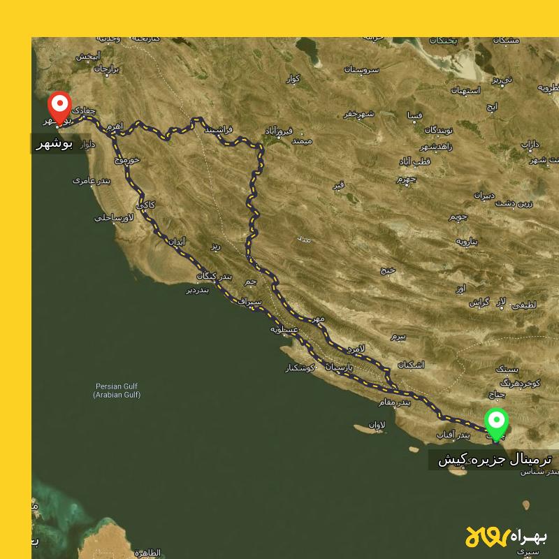 مسافت و فاصله بوشهر تا ترمینال جزیره کیش - هرمزگان از ۲ مسیر - مرداد ۱۴۰۳