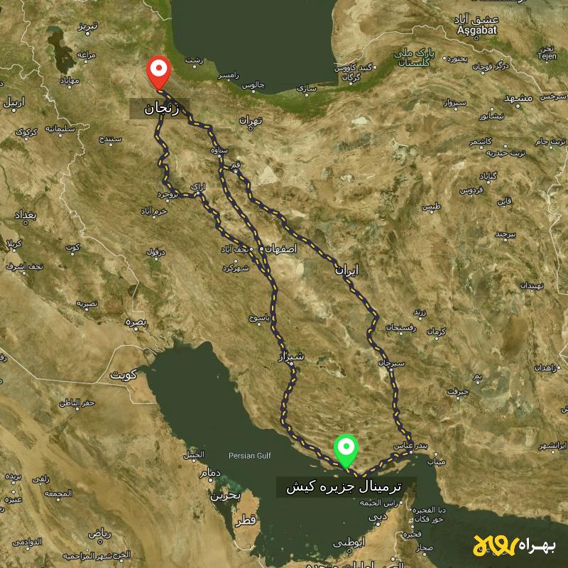 مسافت و فاصله زنجان تا ترمینال جزیره کیش - هرمزگان از ۳ مسیر - مرداد ۱۴۰۳