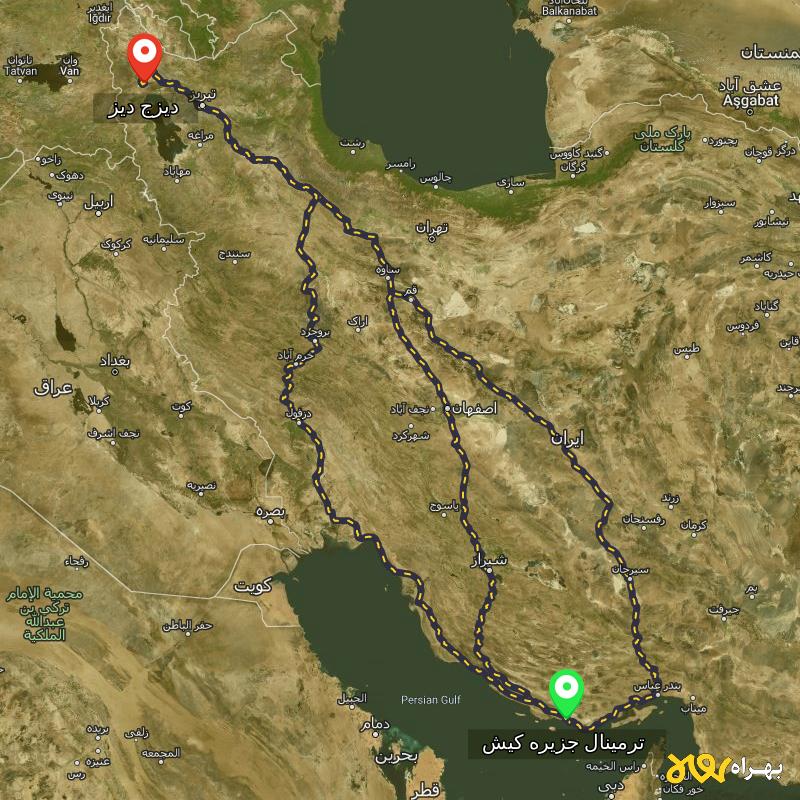 مسافت و فاصله دیزج دیز - آذربایجان غربی تا ترمینال جزیره کیش - هرمزگان از ۳ مسیر - شهریور ۱۴۰۳