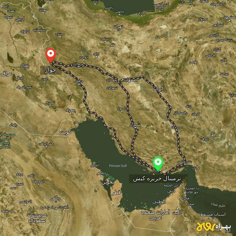 مسافت و فاصله چوار - ایلام تا ترمینال جزیره کیش - هرمزگان از ۳ مسیر - آذر ۱۴۰۳